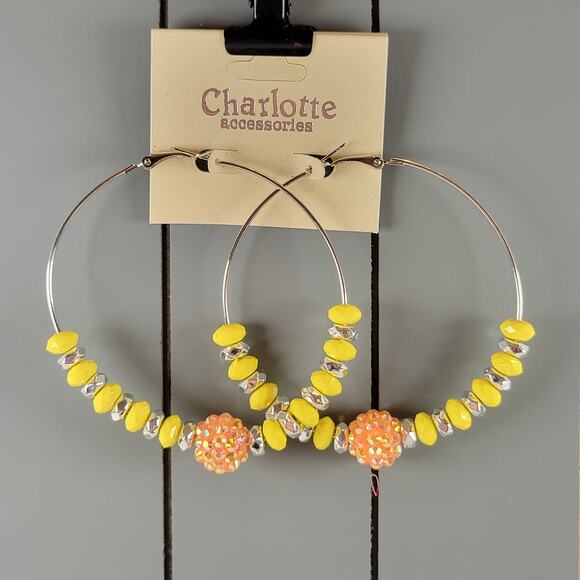 Large Yellow Beaded Hoop Earring 3" Silver Tone Rhinestone Accent Pierced Trendy - Picture 2 of 7